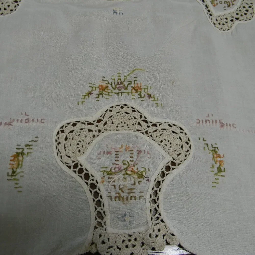 Vintage Handmade Cross Stitch Crochet Doily Tablecloth Floral Basket White Round